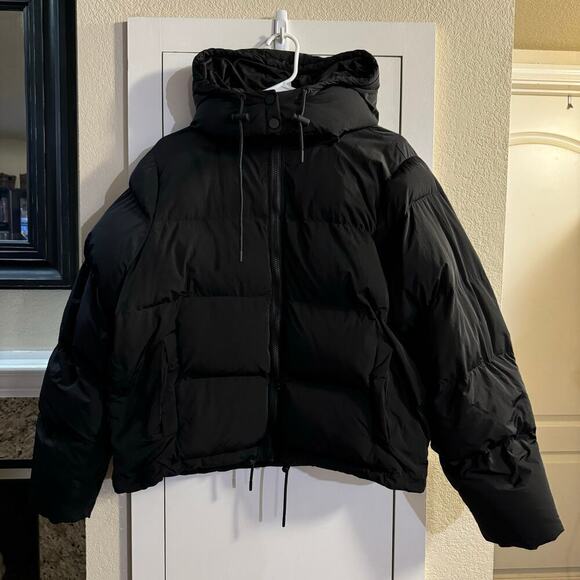 GOOD AMERICAN Hooded Puffer Jacket In Black Heavyweight Removable Hood Size XL - Picture 3 of 8